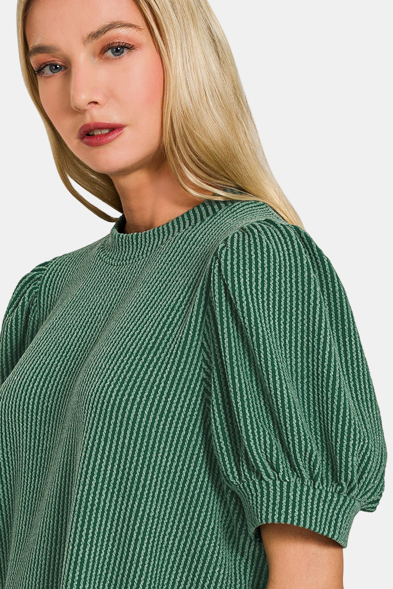 Raised Rib Puff Sleeve Top / NAVY