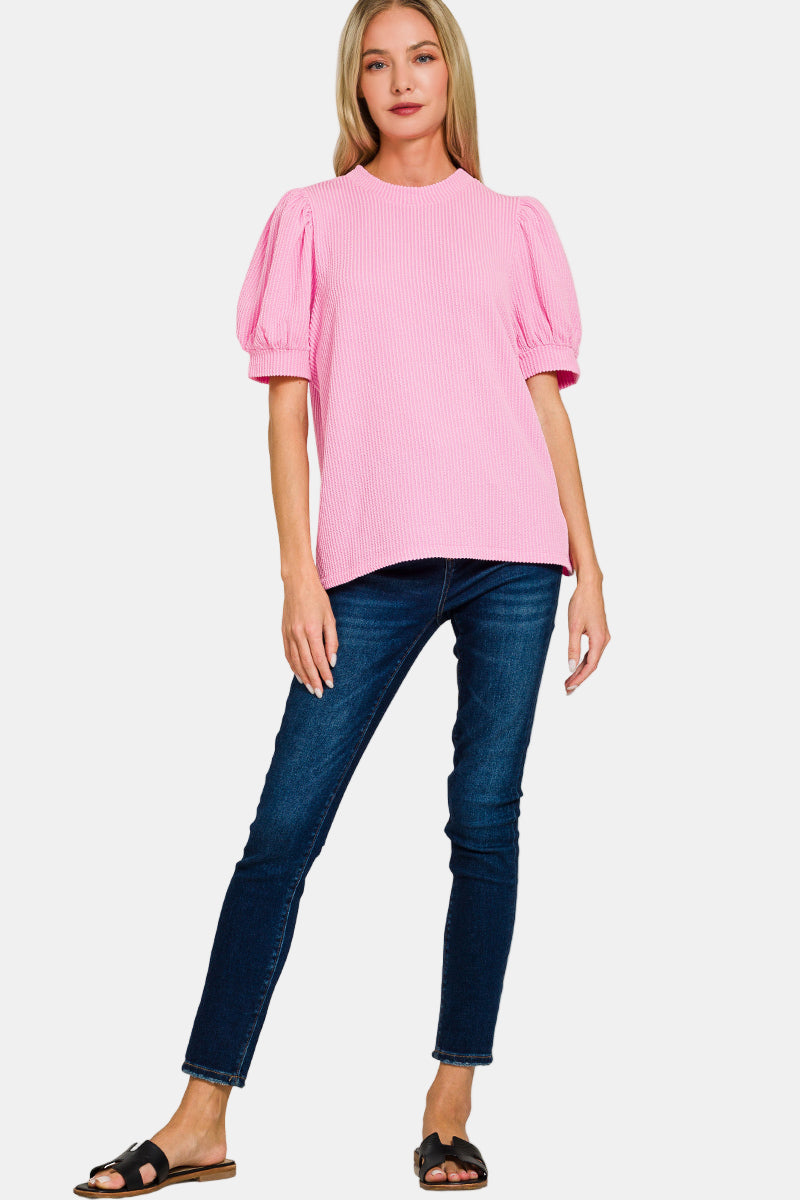 Raised Rib Puff Sleeve Top / NAVY