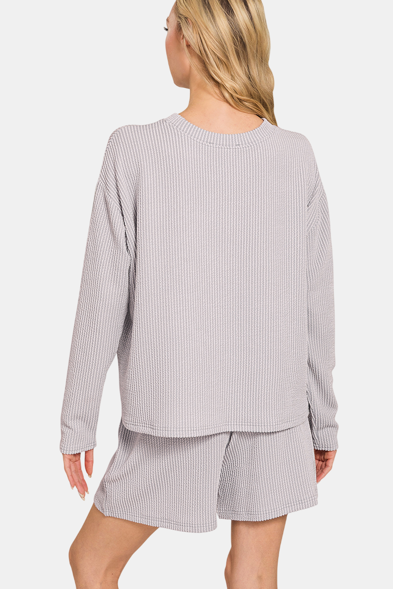 Raised Rib Long Sleeve Tee & Shorts Set / PLUM