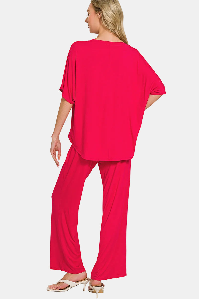 V-Neck Oversized Top & Pants Set / CANDY PINK