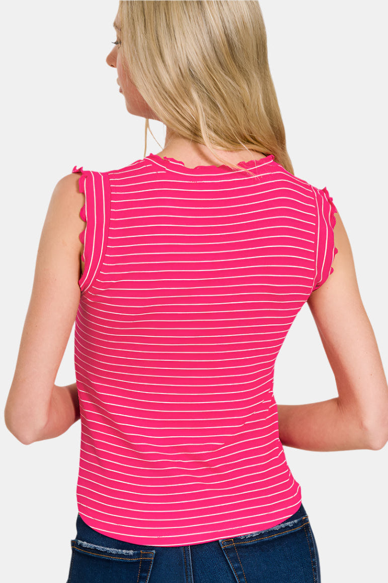 Ribbed Ruffle Trim Sleeveless Stripe Top / WHITE/BLACK