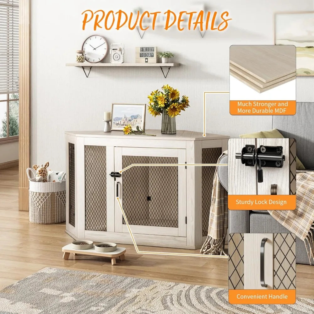 52" Corner Dog Crate Furniture – Wooden Kennel with Mesh Door & Corner Table Top