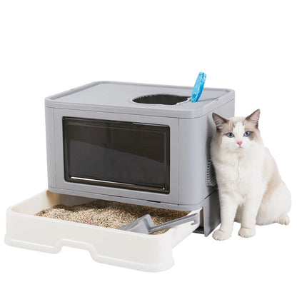 Enclosed Foldable Cat Litter Box – Dual Entry with Massager & Litter Scoop