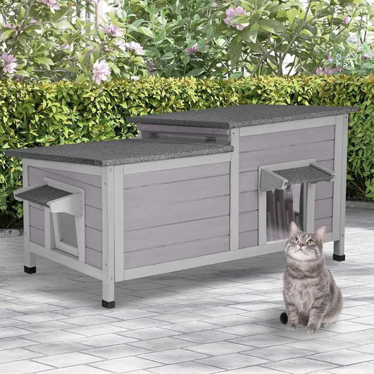 Outdoor Cat House Weatherproof Large Cat Shelter with Openable Roofs for Feral Kittens Elevated Base Design with PVC Curtain fo
