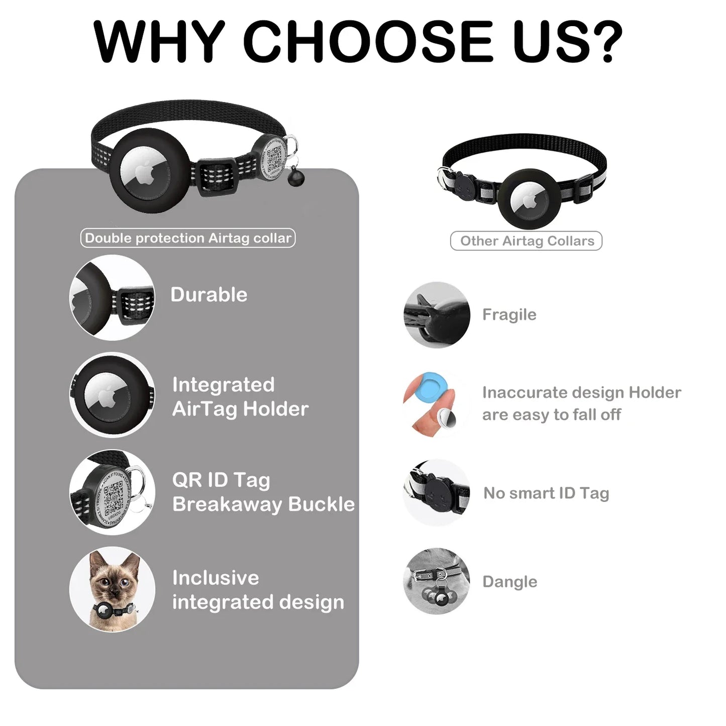 Reflective AirTag Cat Collar – Breakaway Safety Collar with QR Tag & Air Tag Holder