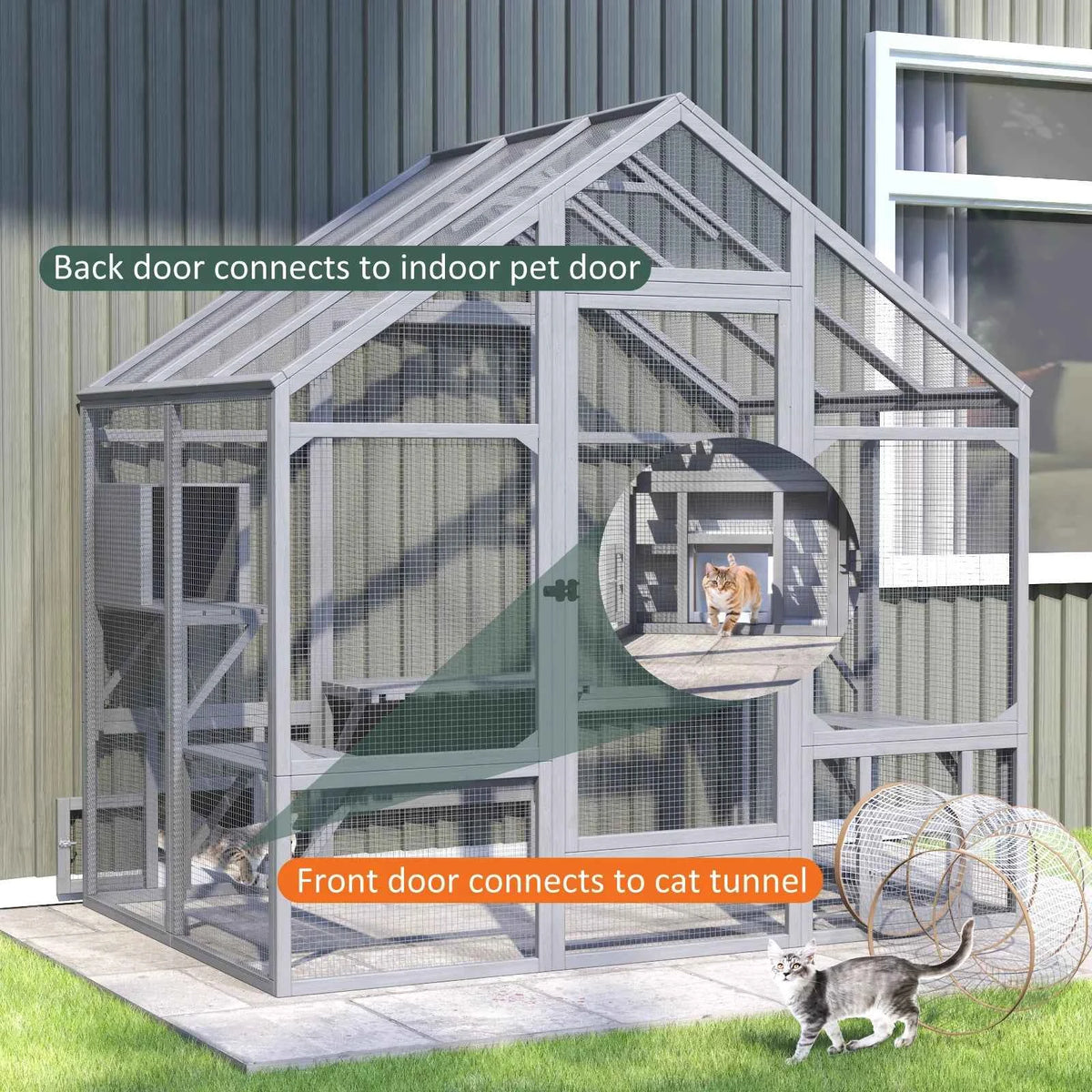 71"Catio Outdoor Cat Enclosure for Multiple Cats Large Wooden Walk in Cats House Outside Weatherproof Roof