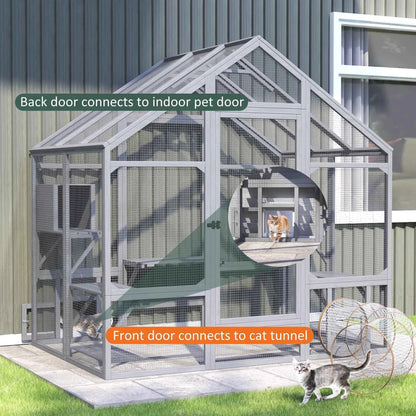 71"Catio Outdoor Cat Enclosure for Multiple Cats Large Wooden Walk in Cats House Outside Weatherproof Roof