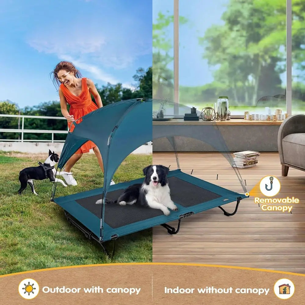 Large 47 Dog Cot with Removable Canopy, Elevated Cooling Bed for Big Dogs, Washable Mesh, Indoor/Outdoor Pet Bed