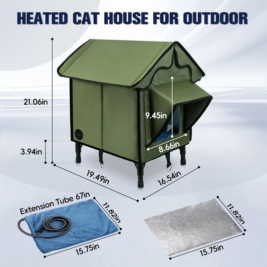 Insulated Outdoor Cat House with Heated Pad – Waterproof Elevated Feral Cat Shelter for Winter - Bdba PK