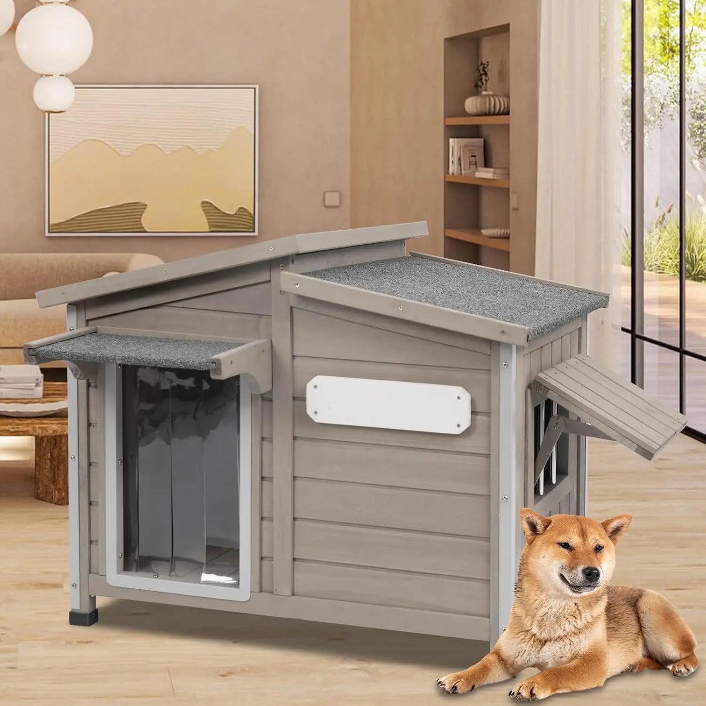 PetsCosset Outdoor Dog House – Anti-Chew Iron Frame Wooden Kennel with Waterproof Roof