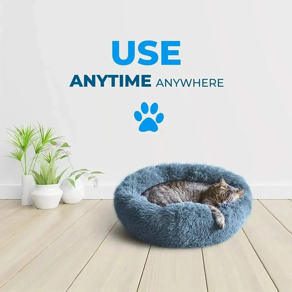 Round Plush Pet Bed - Self Warming Kennel, Machine Washable Mat with Non-Slip Bottom, Soft Cushion House Bed for Cats Dogs
