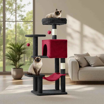 44 Inch Cat Tree Tower with Sisal Scratching Posts Hammock Condo for Indoor Cats Kittens Play Black Red