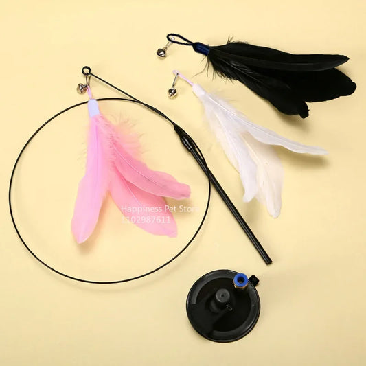 Cat Teaser Wand with Bell, Suction Cup & Replaceable Feather Head – Extended Rod Self-Play Toy - Bdba PK
