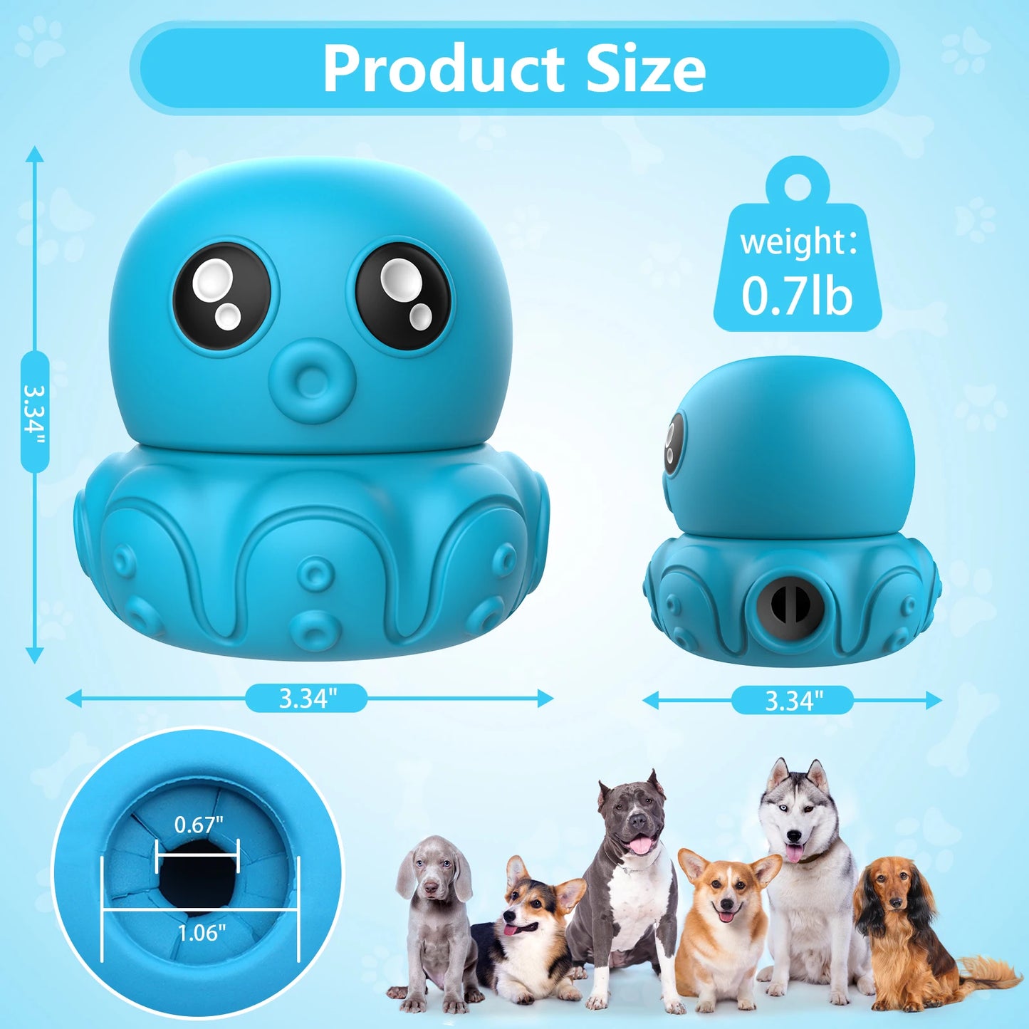 Octopus Chew Toy for Dogs Safe Durable Silicone Interactive Treat Holder Slow Feeder Squeaky Fun Dispenser IN/OUT Blue