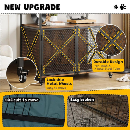 Large Wooden Dog Crate Furniture, Decorative End Table Indoor Dog House, With Lockable Wheels For Dogs, Heavy Duty Dog Cage