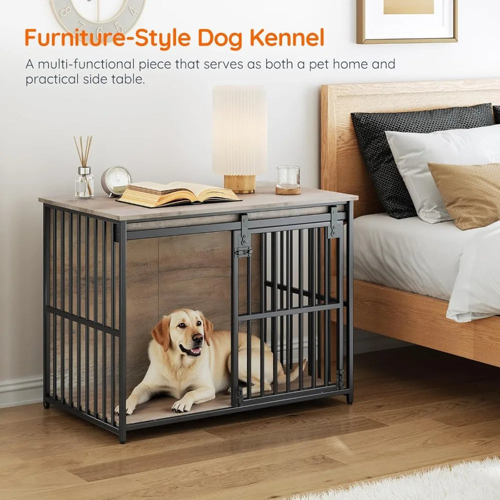 36.6" Heavy Duty Dog Crate Furniture – Sliding Barn Door Wooden Kennel & End Table