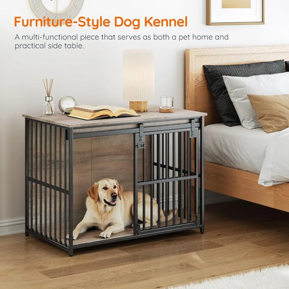 36.6" Heavy Duty Dog Crate Furniture – Sliding Barn Door Wooden Kennel & End Table
