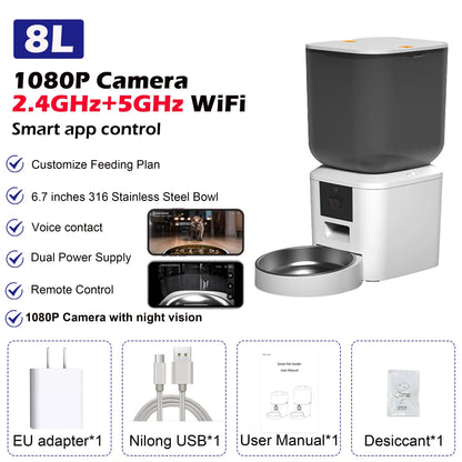 Furpipi 8L Smart Automatic Cat Feeders with 1080P HD Camera 5G WiFi Pet Feeder Tuya APP Control Smart Dog Cat Kibble Dispenser