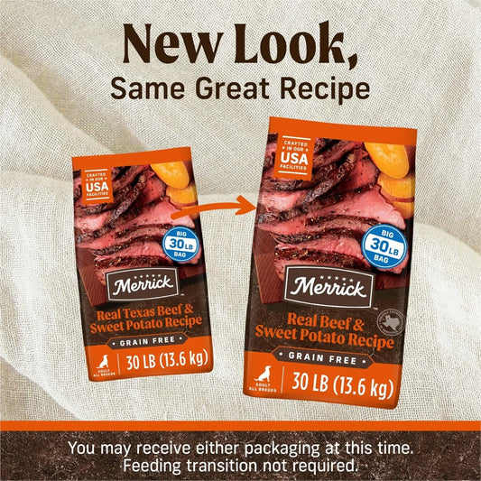 Merrick Premium Grain Free Dry Adult Dog Food – Real Texas Beef & Sweet Potato Natural Kibble (30 lb Bag) - Bdba PK