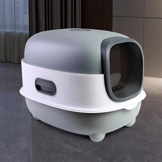 Large Enclosed Cat Litter Box with Scoop – Odourless Hooded Non-Stick Cat Toilet Pan (Grey) - Bdba PK