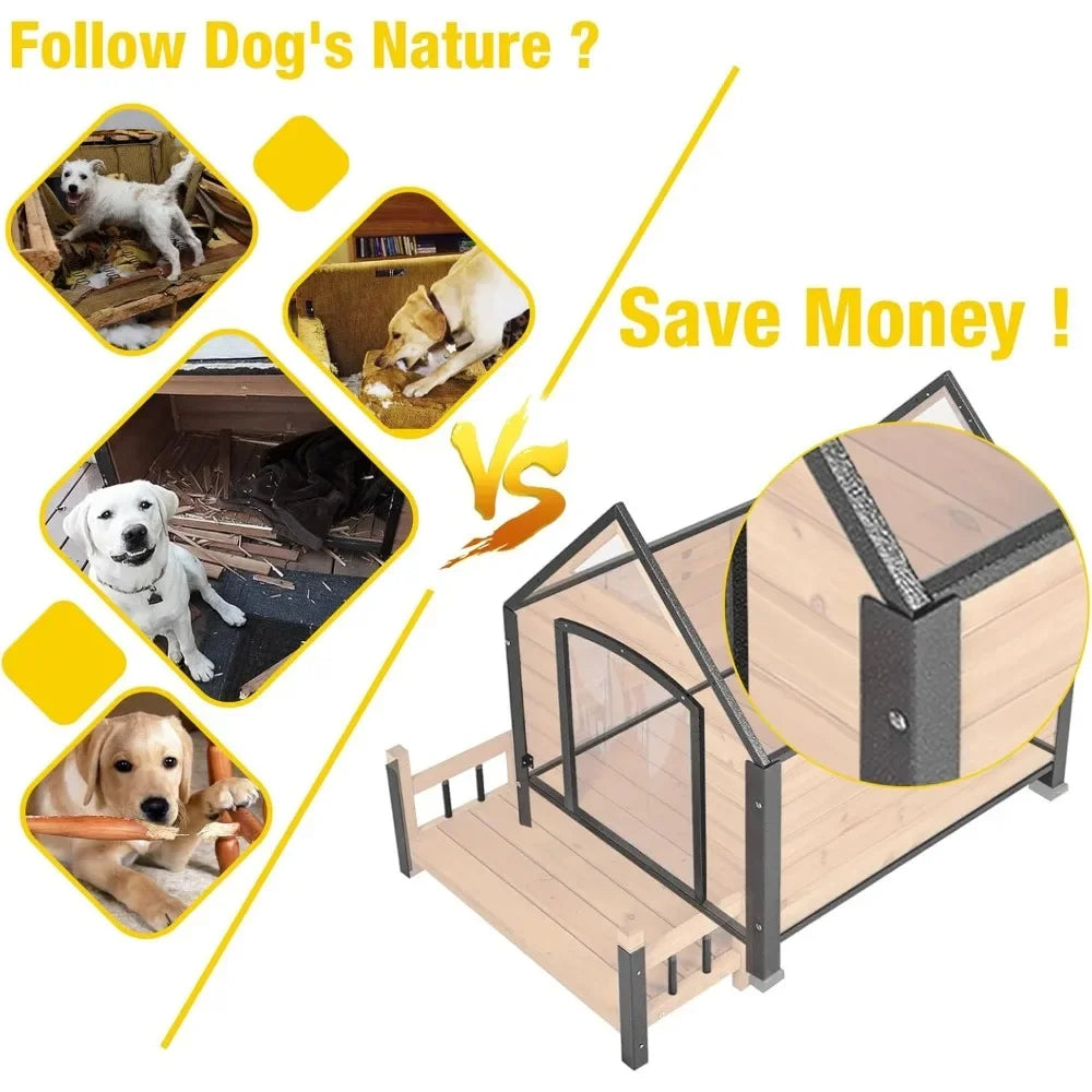 Weatherproof Outdoor Dog House for Large Breeds – Wood & Anti-Chew Iron Frame