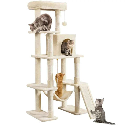 Cat Tree, 63 Inches MultiLevel Indoor Cat Play Structure with Scratching Posts, Hammock, and Dangling Ball