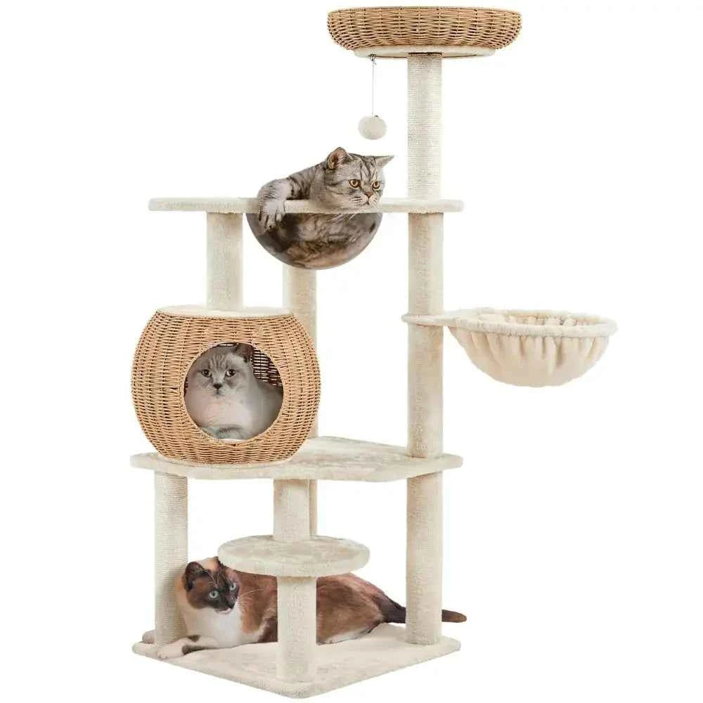 54in Rattan Cat Tree, Modern Tower with Breathable Woven Condo, Scratching Posts amp Washable Cushions, Naturally Cool in Summe