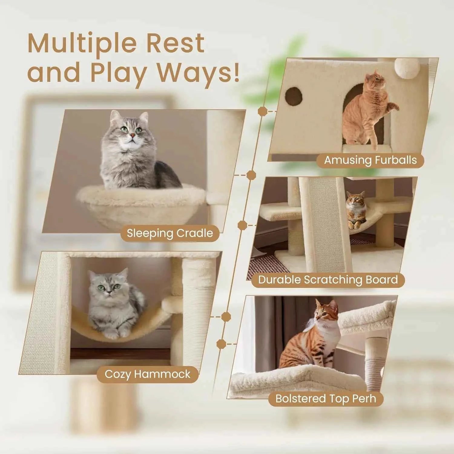 65in Larger Cat Tree Tower Condo for Indoor Kitties/Multi-Level Furniture Activity Center with Wide Base/Cozy Plush Cat Perches/