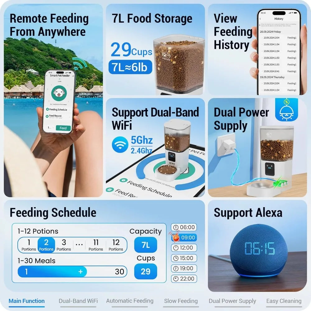 Smart WiFi Pet Feeder with Slow Feed, 7L Capacity, App Control & Alexa Compatible for Cats and Dogs