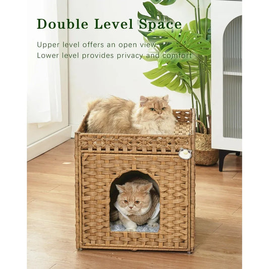 Extra Large Handwoven Rattan Double Cat Cave – Indoor Cat Bed Cube with Soft Cushions (18.5") - Bdba PK