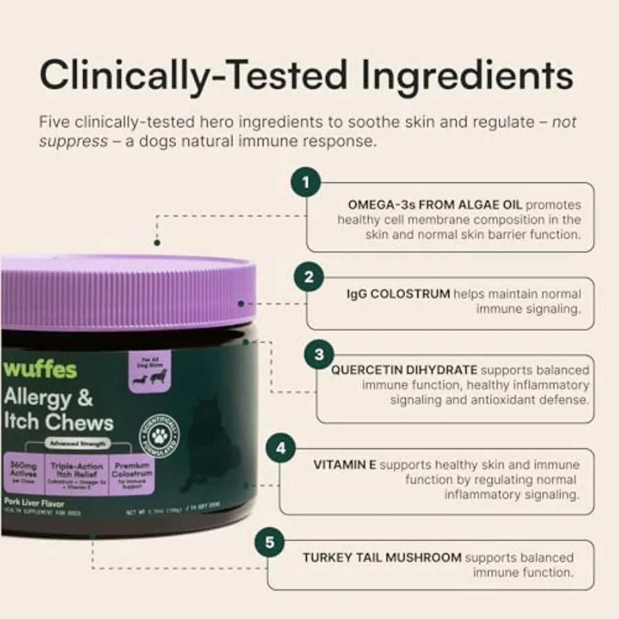 Allergy and Itch Soft Chews, Dog Allergy Support with Colostrum, Vitamin E and Omega 3s for Dogs, Non-Drowsy Immune and Itchy S