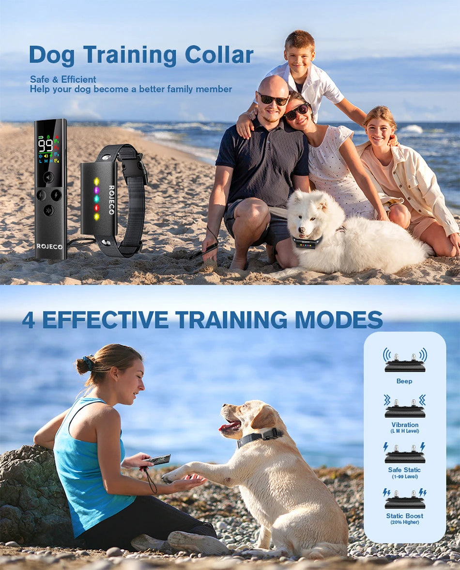 ROJECO  Dog Training Collar with Remote Control 1600FT IP67 Waterproof Electric Dog Collar For Pet Dog Bark Control Stop Collar