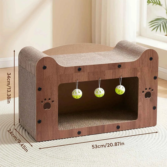 Walnut Cat Scratching House, Durable Cardboard Scratcher & House for Indoor Cats, Multi-Functional Hideout for Scratching, Playing & Resting, Easy to Assemble.
