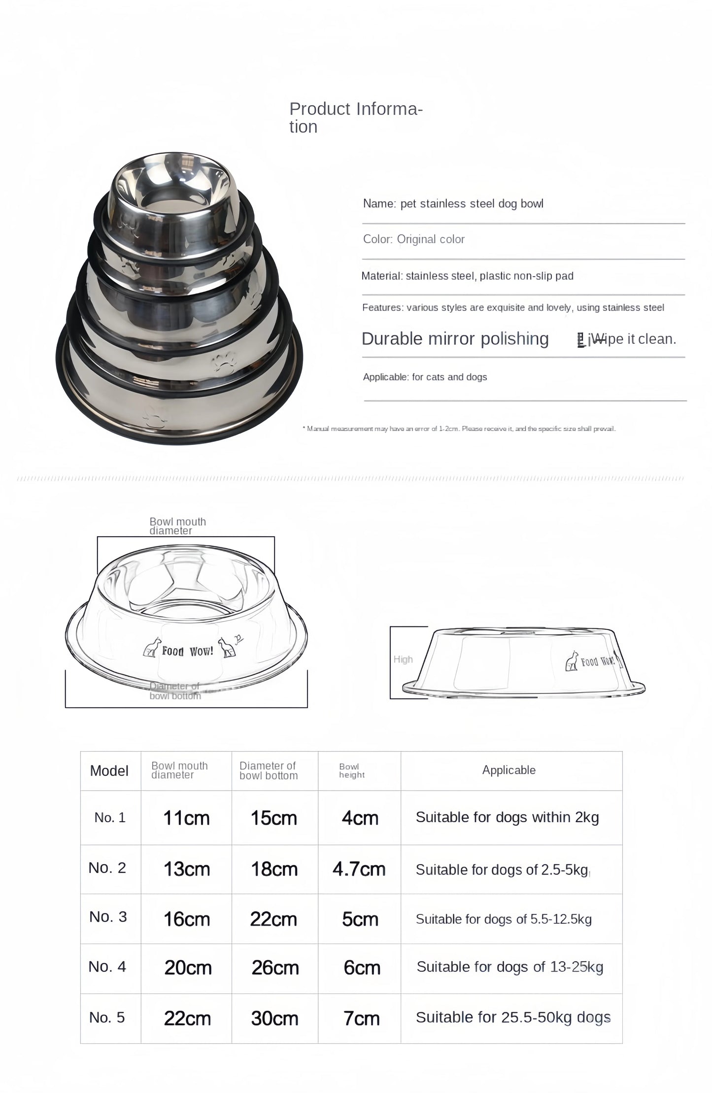 Pet Dog Cat Stainless Steel Bowl Pet Feeding Bowl Cat and Dog Drinking Bowl Metal Feeder Bowl Durable Easy To Clean 6 Sizes
