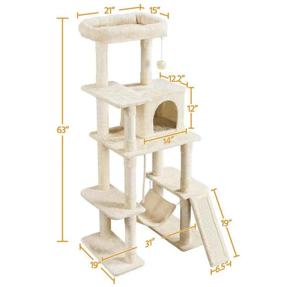 Cat Tree, 63 Inches MultiLevel Indoor Cat Play Structure with Scratching Posts, Hammock, and Dangling Ball