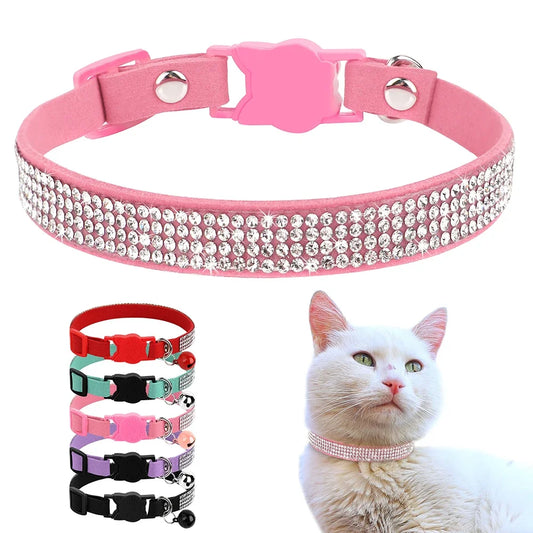 Soft Suede Leather Rhinestone Cat Collar – Bling Jewelled Design with Bell & Safety Breakaway (XS & S, 8 Colours) - Bdba PK