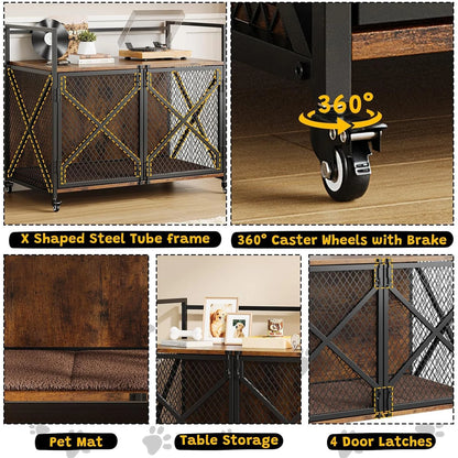 Large Wooden Dog Crate Furniture, Decorative End Table Indoor Dog House, With Lockable Wheels For Dogs, Heavy Duty Dog Cage
