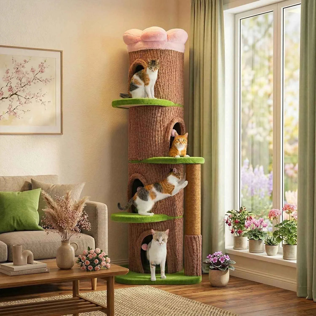 Large Cat Tree with 4 Spacious Condos Thick Scratching Post Flower Top Bed Tall Cat Tower for Indoor Luxury Cat House Bed Toys