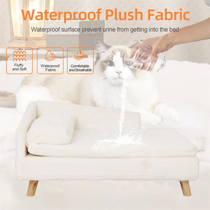 Luxury Elevated Dog Sofa Bed with Backrest Plush Cushion Wooden Legs Raised Dog Bed Lounger Chair for Small Medium Dog Cat Chair