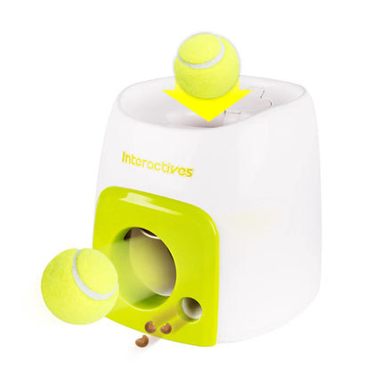 Pet toy with tennis ball and treat dispenser on a white background