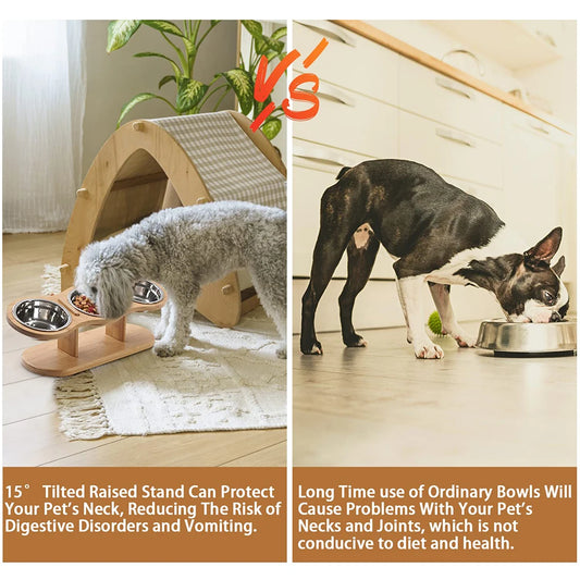 Raised Cat Feeder 3 Bowls in 1 Feeding & Watering Supplies 15° Raised Puppy 3 Stainless Steel Bowls Wood Stand Cats Accessories - Bdba PK
