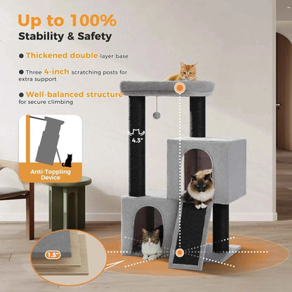Cat Tree for Indoor Cats Adult, 45-Inch Heavy Duty Cat Tower with Sisal Scratching Ramp, 2 Cat Condo for Extra, Customized