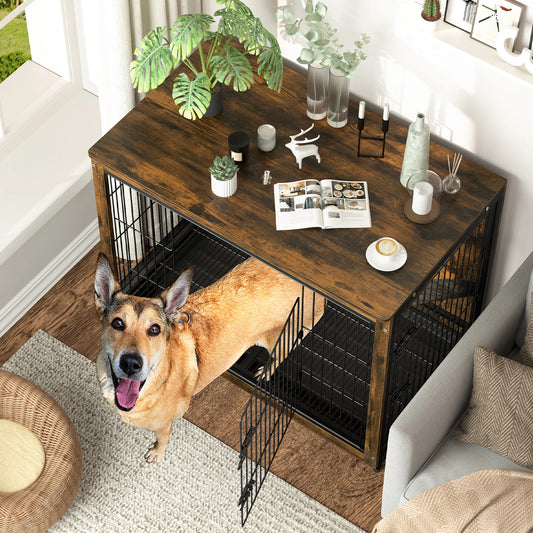 BINGOPAW Dog Crate End Table – Wood & Metal Kennel with Double Doors & Removable Tray (S, M, L) - Bdba PK