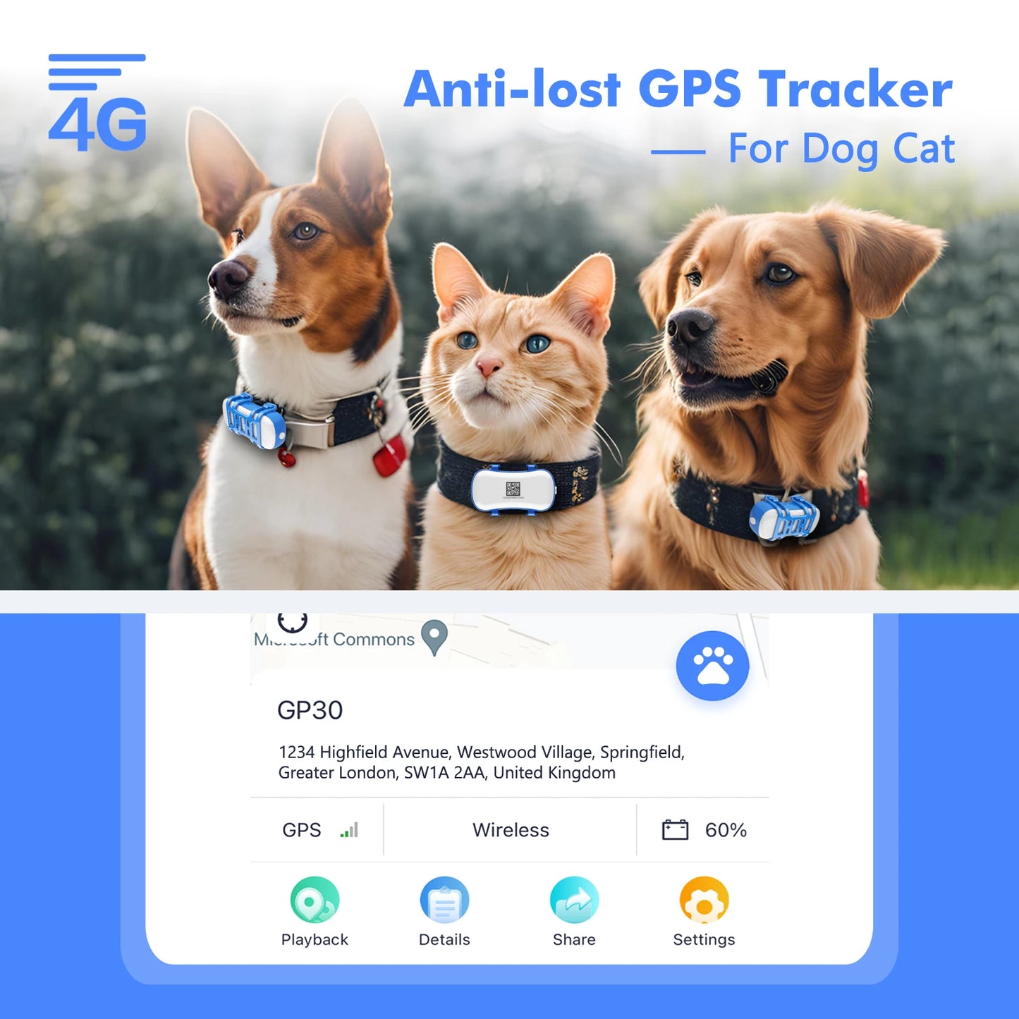 WANWAYTECH 4G Pet GPS Tracker – Waterproof Live Tracking for Dogs & Cats