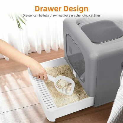 Enclosed Sifting Cat Litter Box – Dual Entry with Scoop, Filter & Drawer