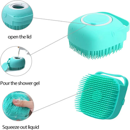 Shampoo Dispenser Pet Bath Brush – Soft Silicone Grooming Brush for Dogs & Cats