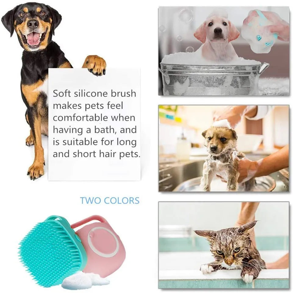 Shampoo Dispenser Pet Bath Brush – Soft Silicone Grooming Brush for Dogs & Cats