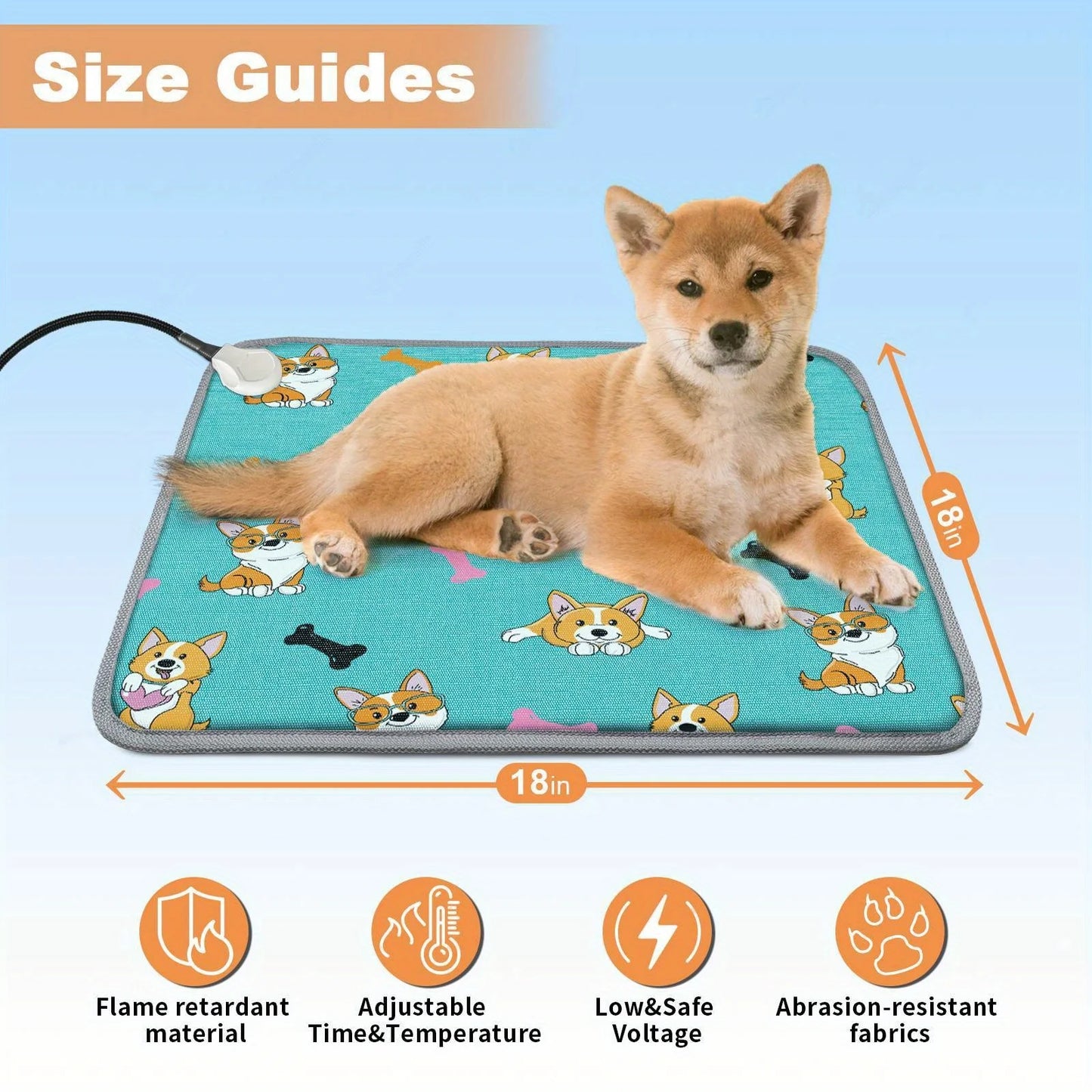 Dog Heating mat, Heating dog bed with Digital Display Switch, Pet Warming Mat with Machine-washable cover, Indoor Dog heating pad, Chew-resistant cord, Blue Dog Design. JUYHGV