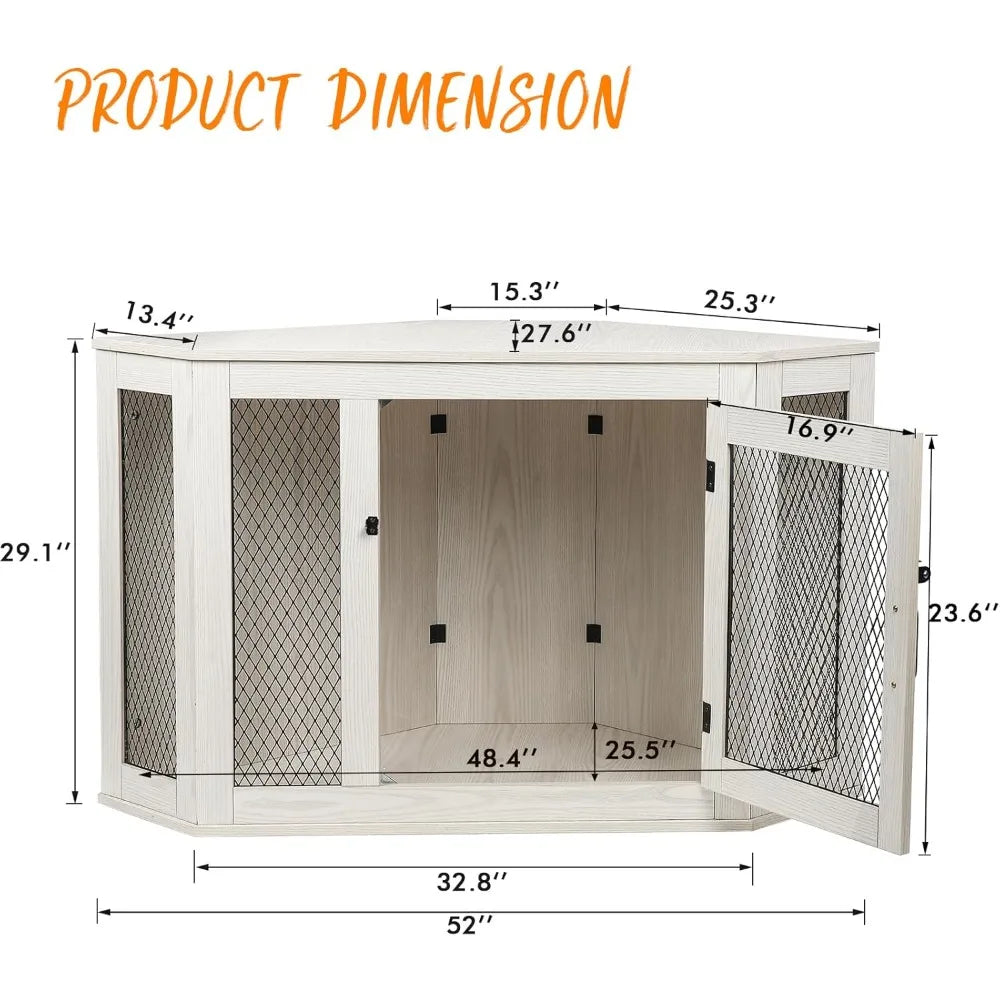 52" Corner Dog Crate Furniture – Wooden Kennel with Mesh Door & Corner Table Top