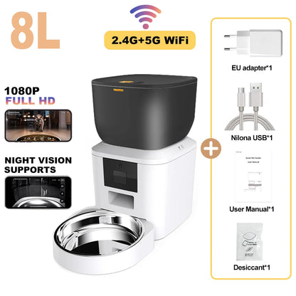 Furpipi 8L Smart Automatic Cat Feeders with 1080P HD Camera 5G WiFi Pet Feeder Tuya APP Control Automatic Cat Dog Food Dispenser